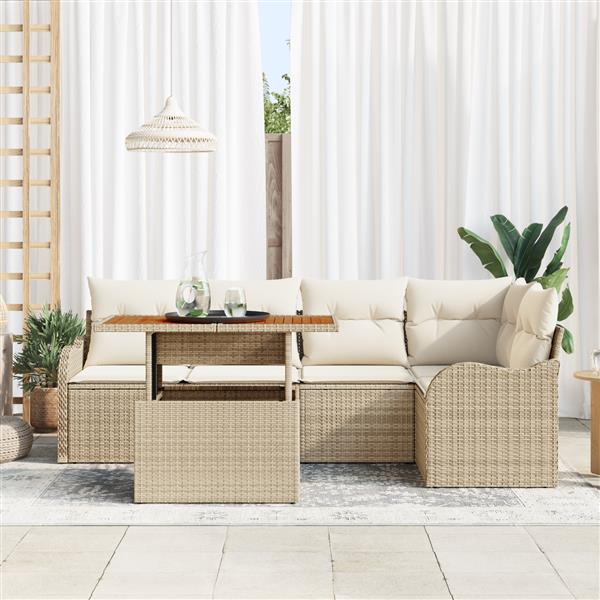 Grote foto vidaxl 6 delige tuinsofa set met kussens in beige van poly rattan en acacia tuin en terras tuinmeubelen