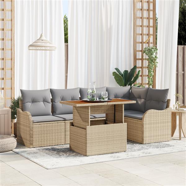 Grote foto vidaxl 6 delige tuinset met kussens beige poly rattan acacia tuin en terras tuinmeubelen