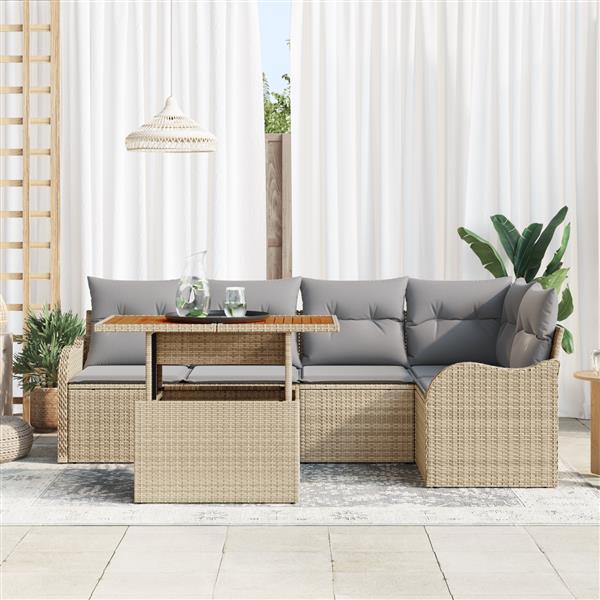 Grote foto vidaxl 6 delige tuinset met kussens beige poly rattan acacia tuin en terras tuinmeubelen