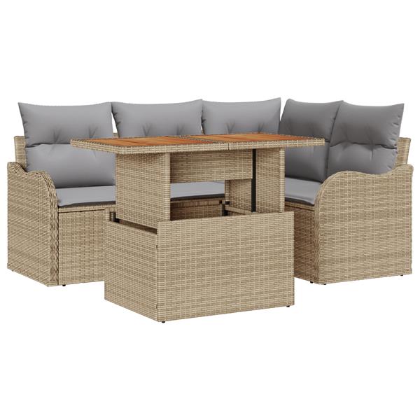 Grote foto vidaxl 5 delige tuinset met kussens in beige poly rattan en acacia tuin en terras tuinmeubelen