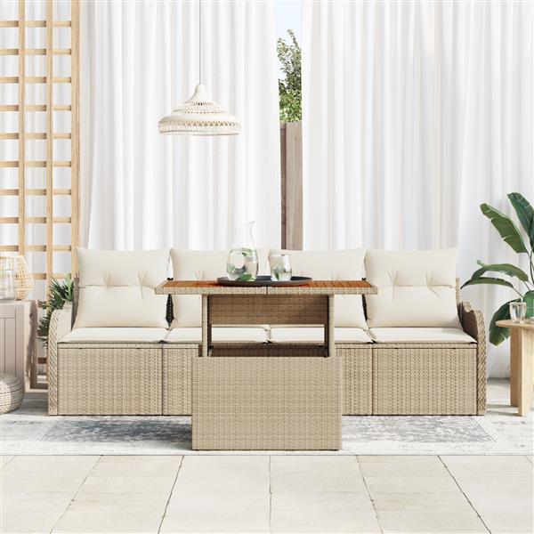 Grote foto vidaxl 5 delige tuinset met kussens in beige van poly rattan en acacia tuin en terras tuinmeubelen