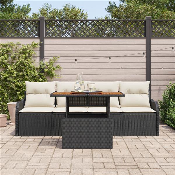 Grote foto vidaxl 5 delige tuinsofa set met kussens in zwart poly riet en acacia hout tuin en terras tuinmeubelen