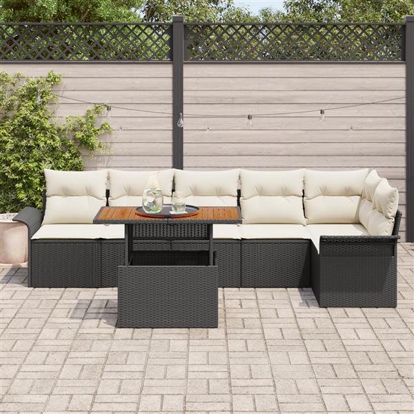 Grote foto vidaxl 7 delige tuinset met kussens poly rattan acaciahout zwart tuin en terras tuinmeubelen