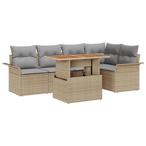 Grote foto vidaxl 6 delige tuinset met kussens poly rattan acaciahout beige tuin en terras tuinmeubelen