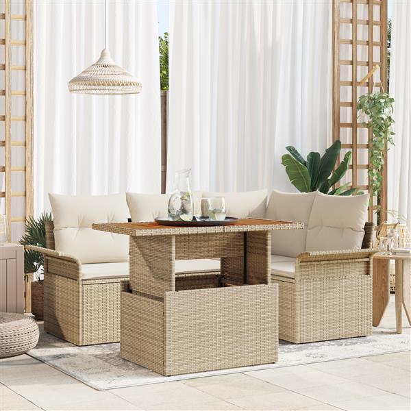 Grote foto vidaxl 5 delige tuin eettafelset met kussens in beige poly rattan en acacia tuin en terras tuinmeubelen