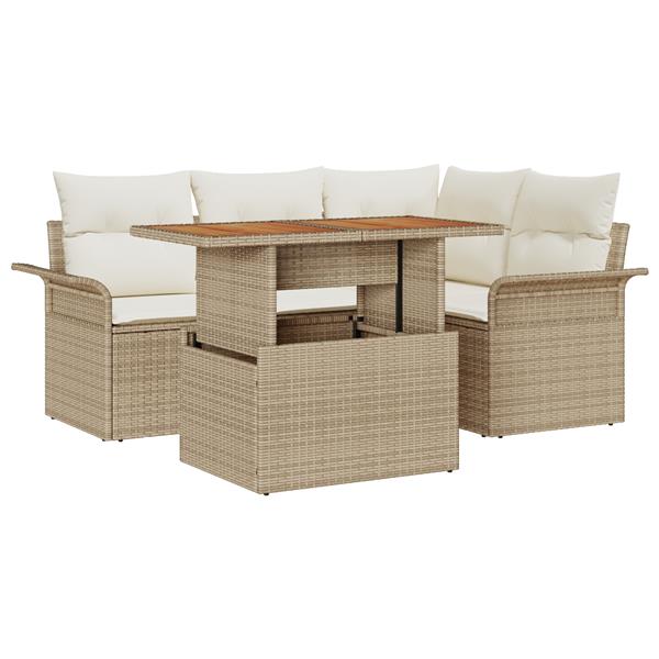 Grote foto vidaxl 5 delige tuin eettafelset met kussens in beige poly rattan en acacia tuin en terras tuinmeubelen