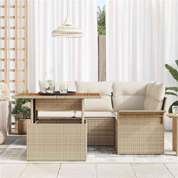 Grote foto vidaxl 5 delige tuin eettafelset met kussens in beige poly rattan en acacia tuin en terras tuinmeubelen