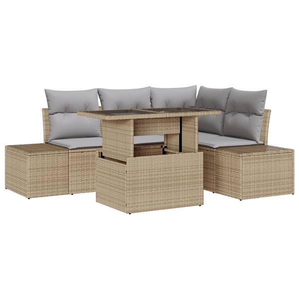 Grote foto vidaxl 5 delige tuinbankset met kussens in beige poly rattan tuin en terras tuinmeubelen