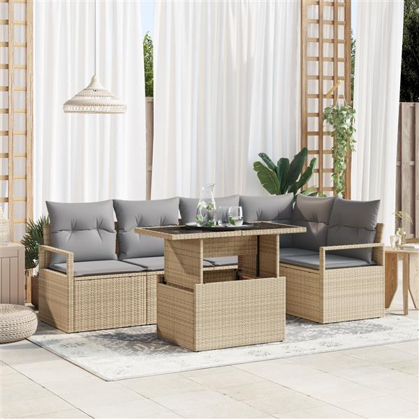 Grote foto vidaxl 6 delige tuinbankenset met kussens poly rattan beige tuin en terras tuinmeubelen