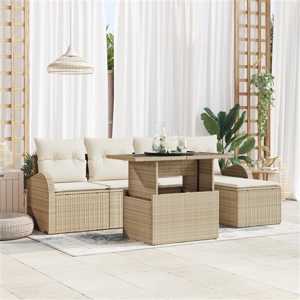 Grote foto vidaxl 6 delige tuin sofa set met kussens beige poly riet tuin en terras tuinmeubelen