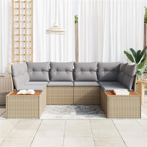 Grote foto vidaxl 6 delige tuinset met kussens beige poly rattan en acacia tuin en terras tuinmeubelen