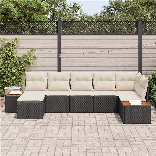 Grote foto vidaxl 7 delige tuinbankset met kussens van zwart poly rattan en acacia tuin en terras tuinmeubelen