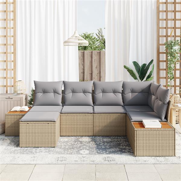 Grote foto vidaxl 6 delige tuinset met kussens in beige poly rattan en acacia tuin en terras tuinmeubelen