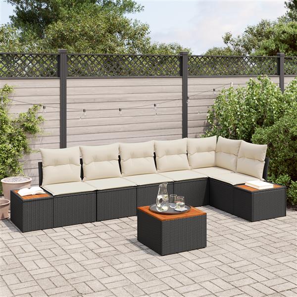 Grote foto vidaxl 7 delige tuinset met kussens zwart poly rattan en acacia tuin en terras tuinmeubelen