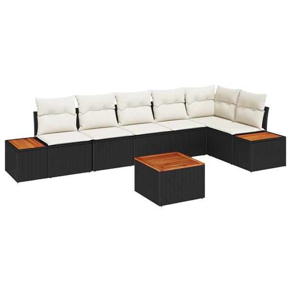 Grote foto vidaxl 7 delige tuinset met kussens zwart poly rattan en acacia tuin en terras tuinmeubelen