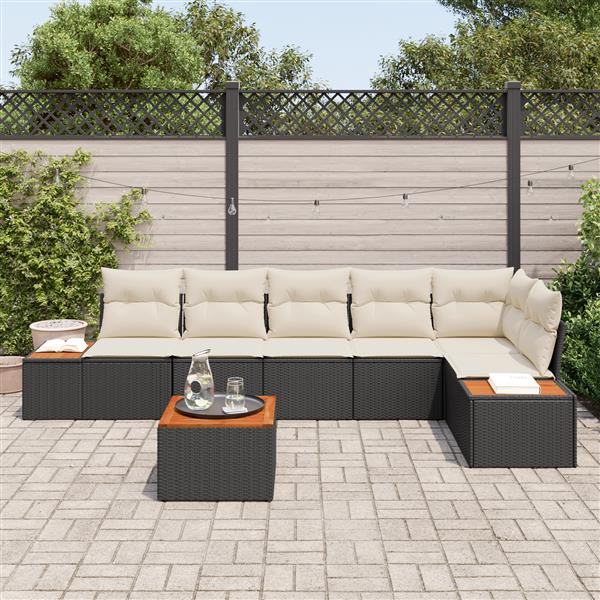 Grote foto vidaxl 7 delige tuinset met kussens zwart poly rattan en acacia tuin en terras tuinmeubelen