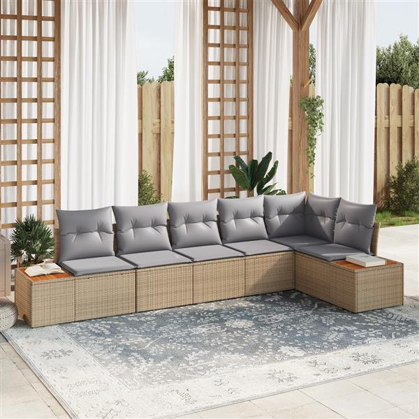 Grote foto vidaxl 6 delige tuinset met kussens in beige poly rattan en acacia tuin en terras tuinmeubelen