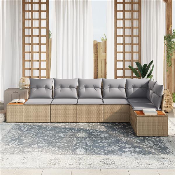 Grote foto vidaxl 6 delige tuinset met kussens in beige poly rattan en acacia tuin en terras tuinmeubelen