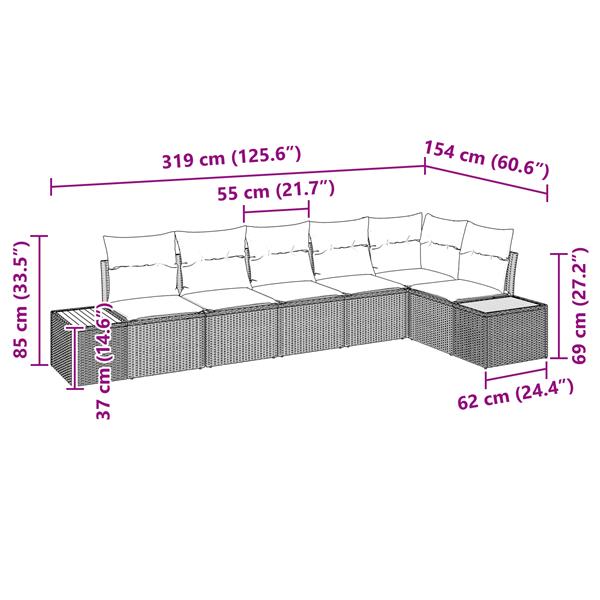 Grote foto vidaxl 6 delige tuinset met kussens in beige poly rattan en acacia tuin en terras tuinmeubelen