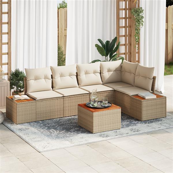 Grote foto vidaxl 6 delige tuinbankset met kussens in beige poly rattan en acacia tuin en terras tuinmeubelen