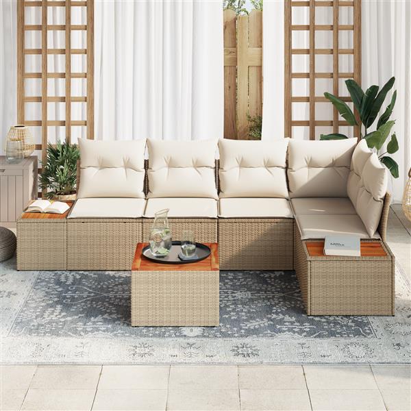 Grote foto vidaxl 6 delige tuinbankset met kussens in beige poly rattan en acacia tuin en terras tuinmeubelen