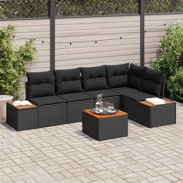 Grote foto vidaxl 6 delige tuinbankset met kussens zwart poly rattan acacia tuin en terras tuinmeubelen