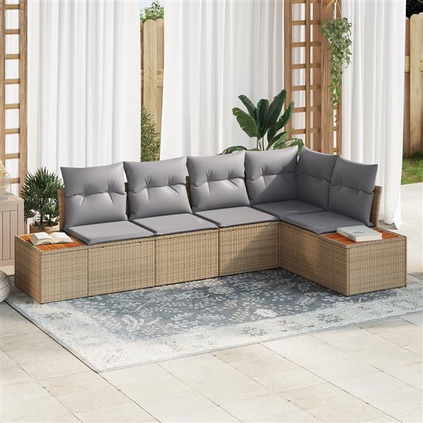 Grote foto vidaxl 5 delige ligbedset met kussens beige poly rattan acacia tuin en terras tuinmeubelen