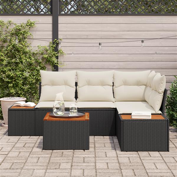 Grote foto vidaxl 5 delige tuinsofa set met kussens zwart poly rattan en acacia tuin en terras tuinmeubelen