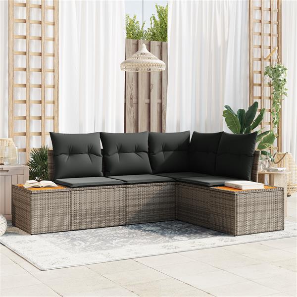 Grote foto vidaxl 4 delige tuinbankset met kussens grijs poly rattan en acacia tuin en terras tuinmeubelen