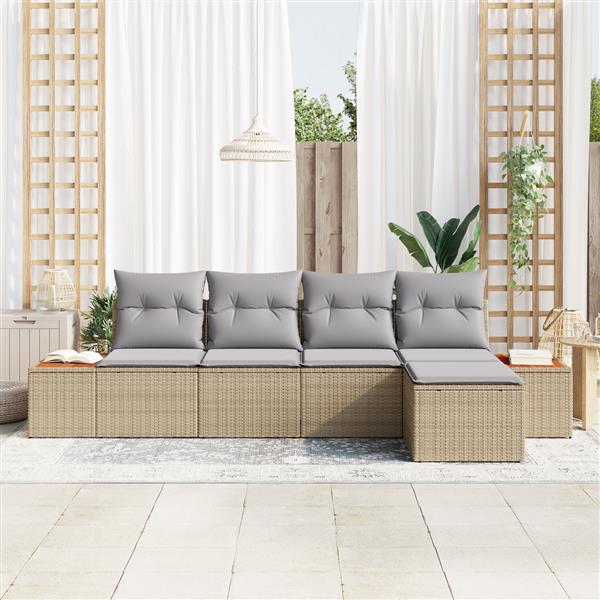 Grote foto vidaxl 5 delige ligbedset met kussens beige poly rattan en acacia tuin en terras tuinmeubelen