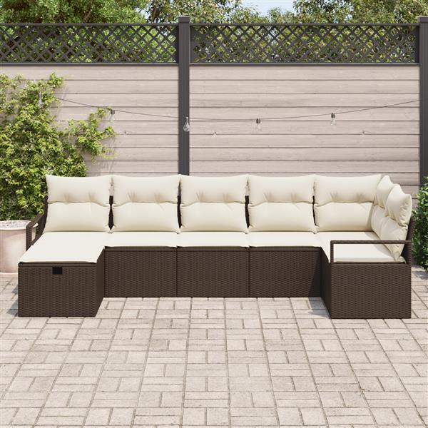 Grote foto vidaxl 7 delige tuinbankenset met kussens poly rattan bruin tuin en terras tuinmeubelen