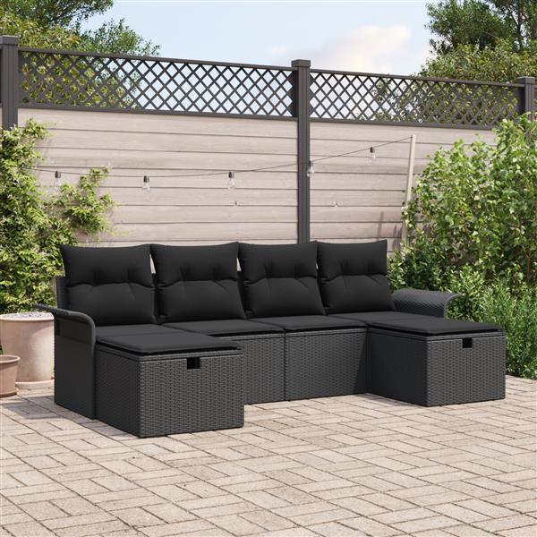 Grote foto vidaxl 6 delige tuinbankenset met kussens poly rattan zwart tuin en terras tuinmeubelen