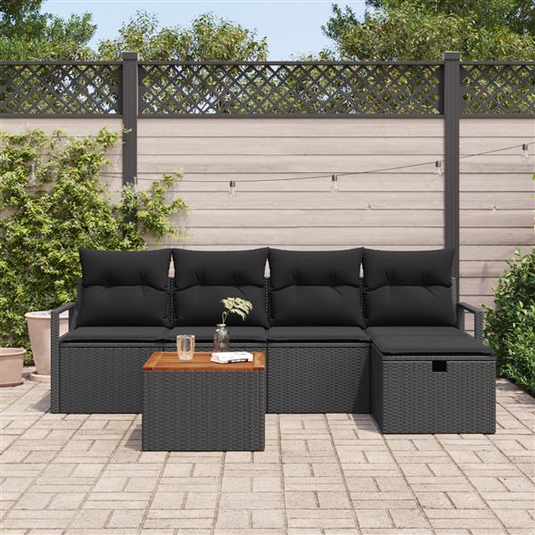 Grote foto vidaxl 6 delige tuinbankenset met kussens poly rattan zwart tuin en terras tuinmeubelen