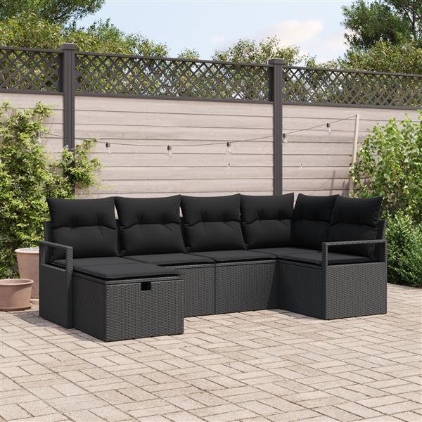 Grote foto vidaxl 6 delige tuinbankenset met kussens poly rattan zwart tuin en terras tuinmeubelen
