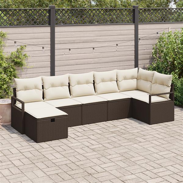 Grote foto vidaxl 7 delige tuinbankenset met kussens poly rattan bruin tuin en terras tuinmeubelen