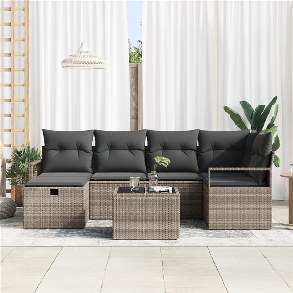 Grote foto vidaxl 7 delige tuinbankenset met kussens poly rattan grijs tuin en terras tuinmeubelen