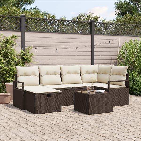Grote foto vidaxl 7 delige tuinbankenset met kussens poly rattan bruin tuin en terras tuinmeubelen