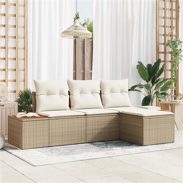 Grote foto vidaxl 4 delige tuinset met kussens in beige poly rattan en acacia tuin en terras tuinmeubelen