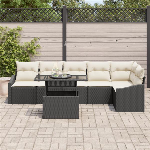 Grote foto vidaxl 7 delige tuinbankenset met kussens poly rattan zwart tuin en terras tuinmeubelen