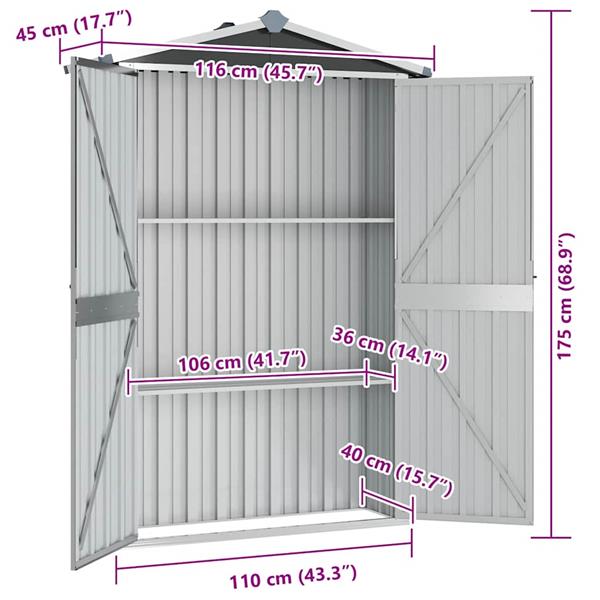 Grote foto vidaxl tuinschuur 116x45x175 cm gegalvaniseerd staal grijs tuin en terras tuinhuisjes en blokhutten