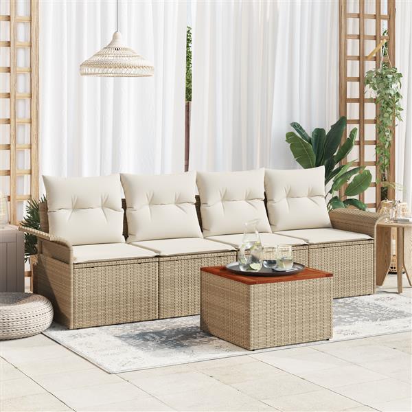 Grote foto vidaxl 5 delige tuinset met kussens in beige van poly rattan en acacia tuin en terras tuinmeubelen