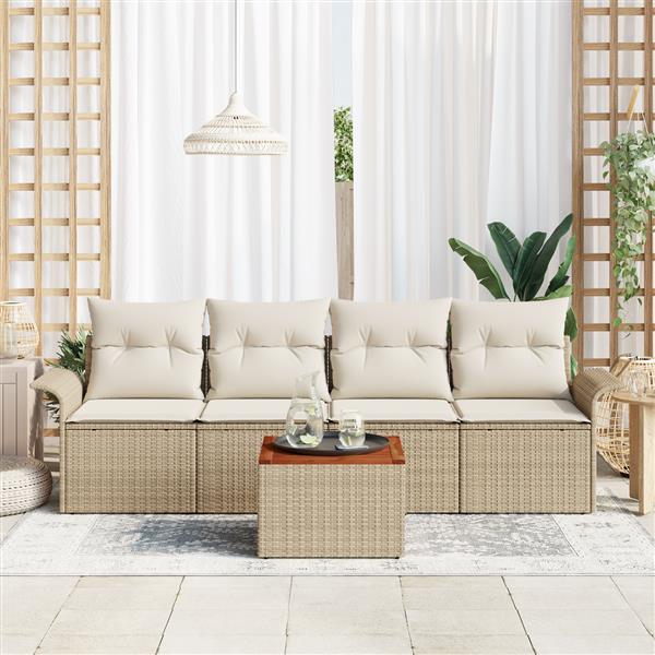 Grote foto vidaxl 5 delige tuinset met kussens in beige van poly rattan en acacia tuin en terras tuinmeubelen