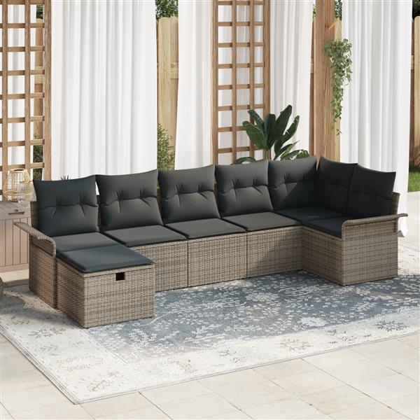 Grote foto vidaxl 7 delige tuinbankenset met kussens poly rattan grijs tuin en terras tuinmeubelen