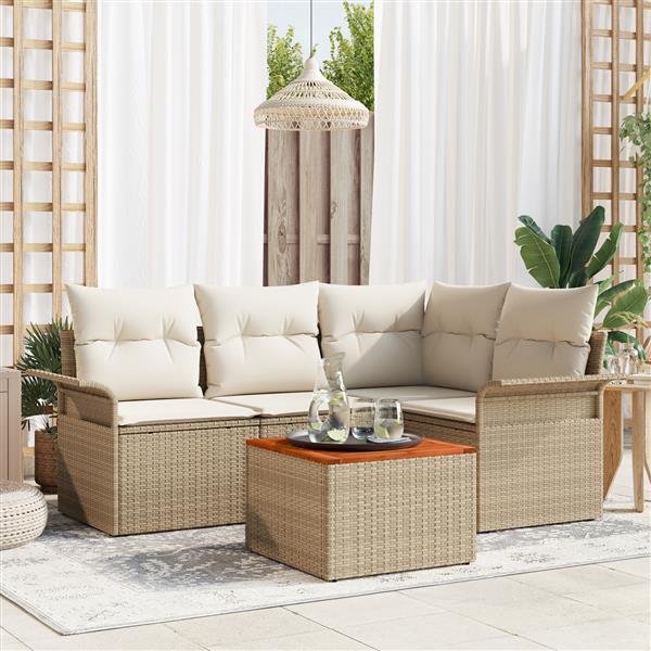 Grote foto vidaxl 5 delige tuinset met kussens in beige poly rattan en acacia tuin en terras tuinmeubelen
