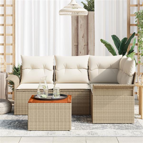 Grote foto vidaxl 5 delige tuinset met kussens in beige poly rattan en acacia tuin en terras tuinmeubelen