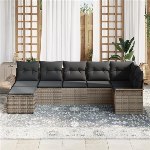 Grote foto vidaxl 7 delige tuinbankenset met kussens poly rattan grijs tuin en terras tuinmeubelen