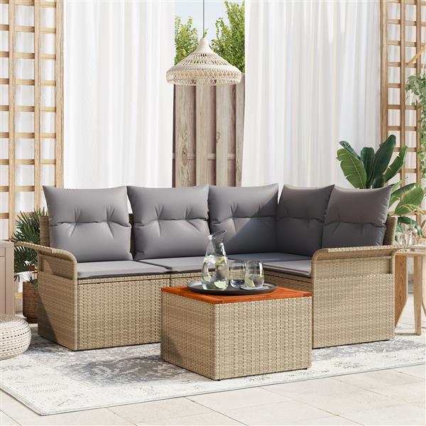 Grote foto vidaxl 5 delige tuinbankset met kussens in beige poly rattan en acacia tuin en terras tuinmeubelen