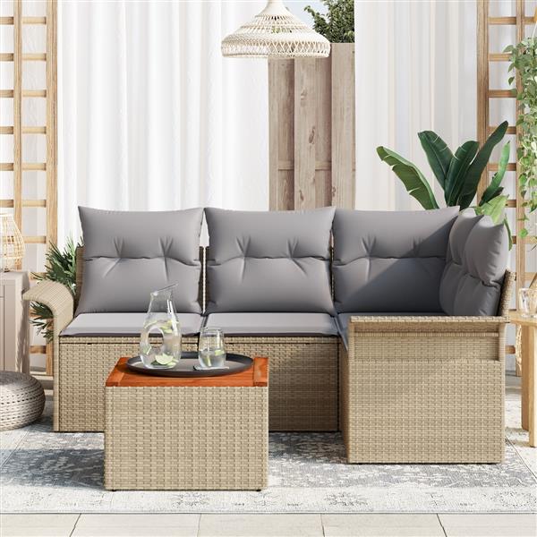 Grote foto vidaxl 5 delige tuinbankset met kussens in beige poly rattan en acacia tuin en terras tuinmeubelen