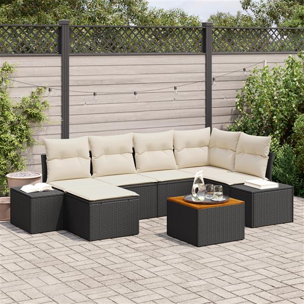 Grote foto vidaxl 7 delige tuinset met kussens zwart poly riet acacia tuin en terras tuinmeubelen