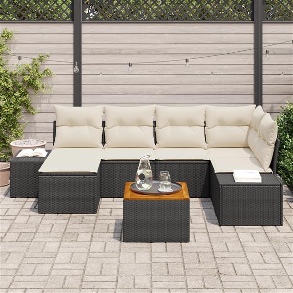 Grote foto vidaxl 7 delige tuinset met kussens zwart poly riet acacia tuin en terras tuinmeubelen